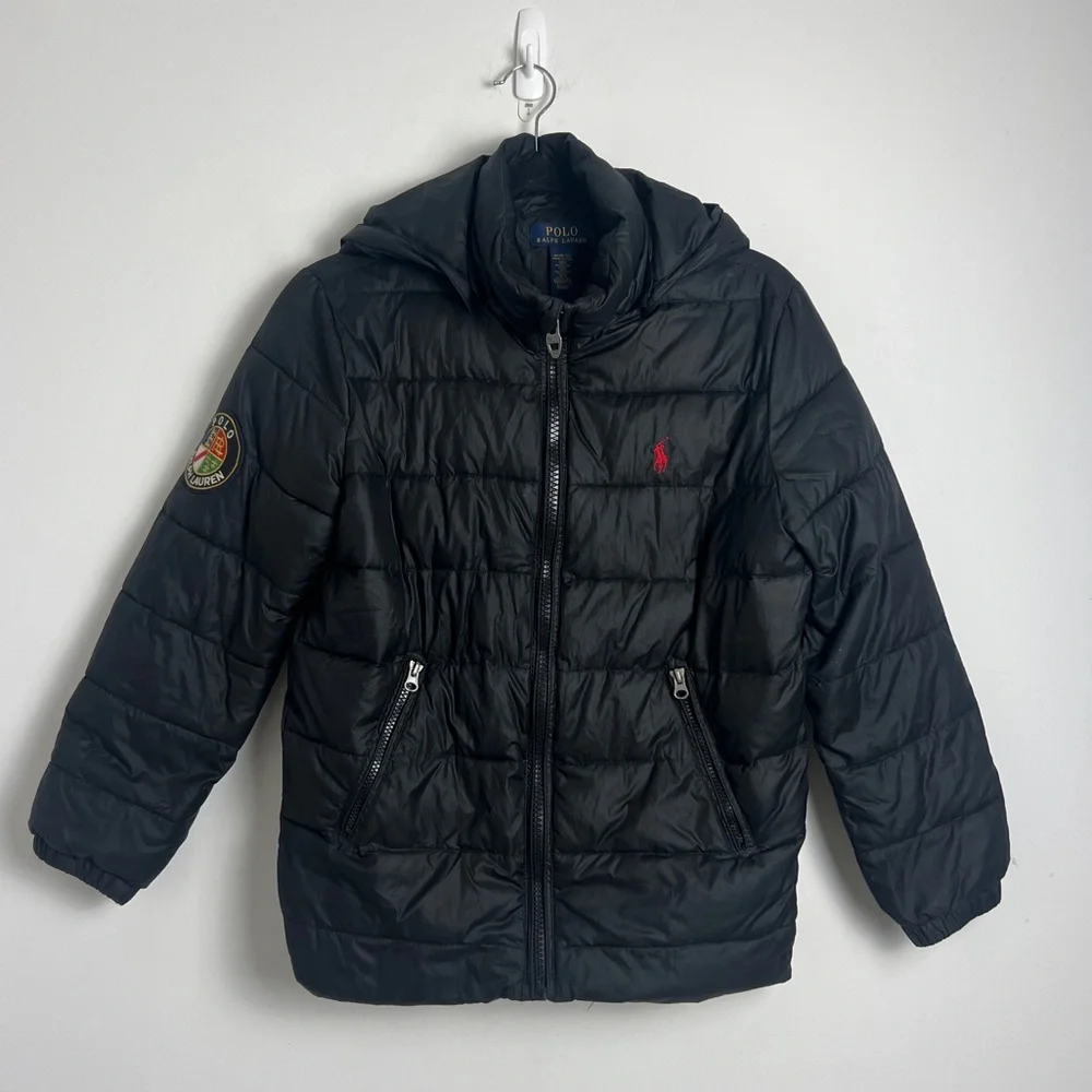 Polo‎ Ralph Lauren Boys Size M(10-12) Black Detachable Hood Puffer Patch Coat
